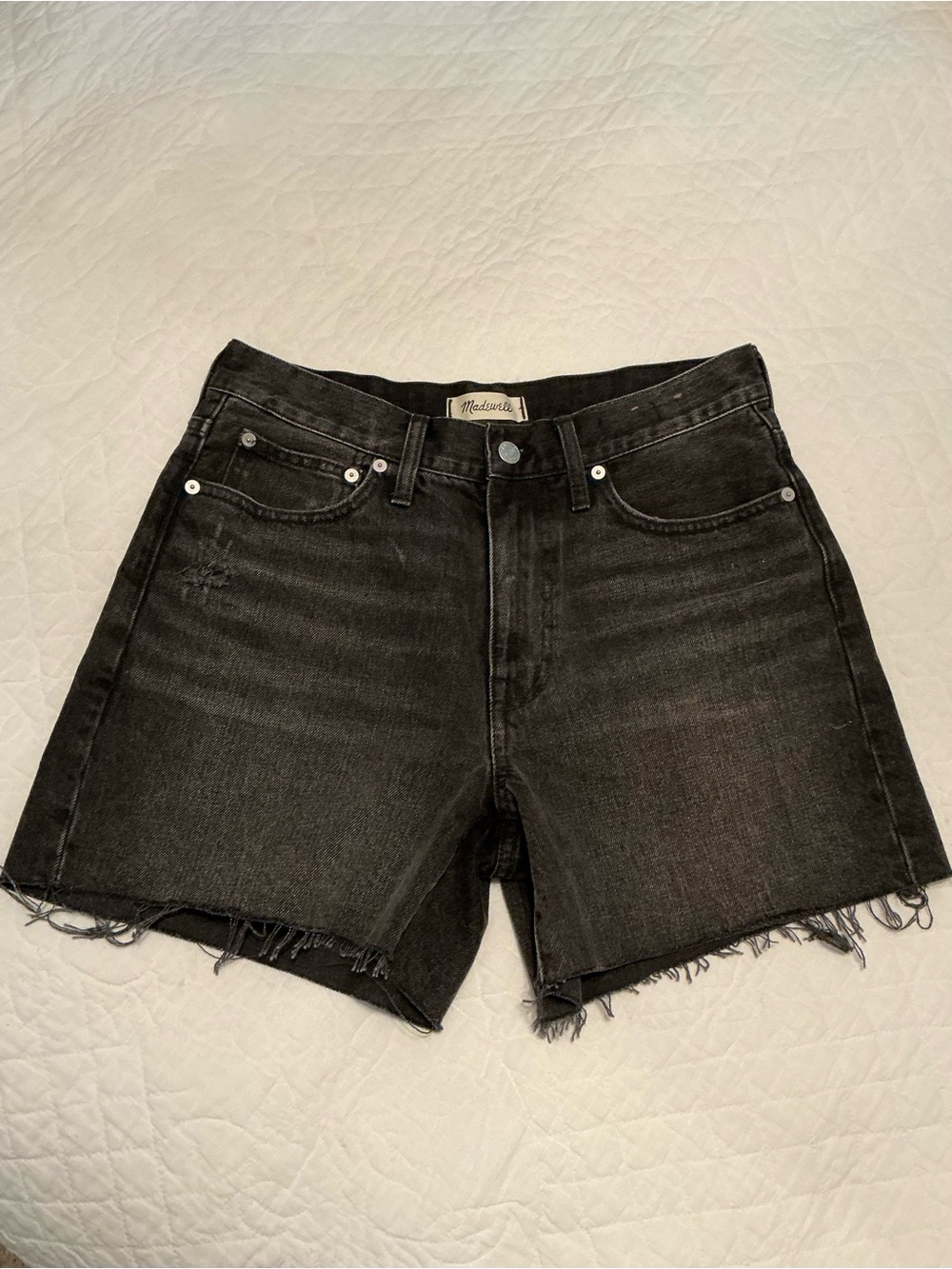 Madewell Relaxed Mid Length Washed Black Raw Hem Denim Shorts, 27